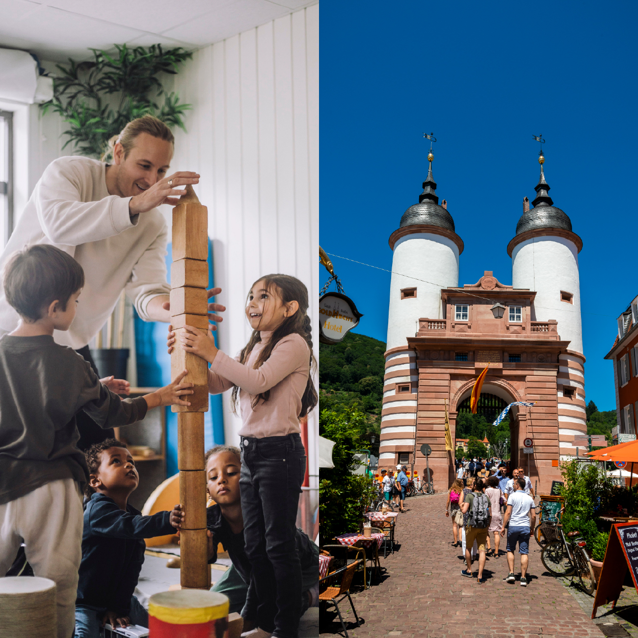 Splitscreen: links Kita-Szene mit Kindern und Turm aus Bauklötzen, rechts ansicht aus Heidelberg.