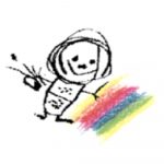 Logo. Kind malt einen Regenbogen.