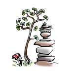 Logo des Trägers Blattwerk eV. Steinhaufen mit Baum.